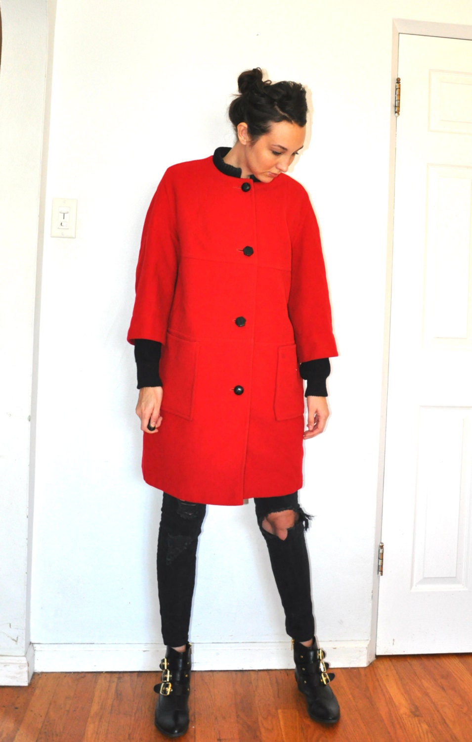 1960s Amazing Bright Red Warm Plaid Wool Sweater Sleeve Coat