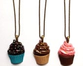 Super Sweet Cupcake Pendant and Necklace Antique Bronze Brown Pink Blue