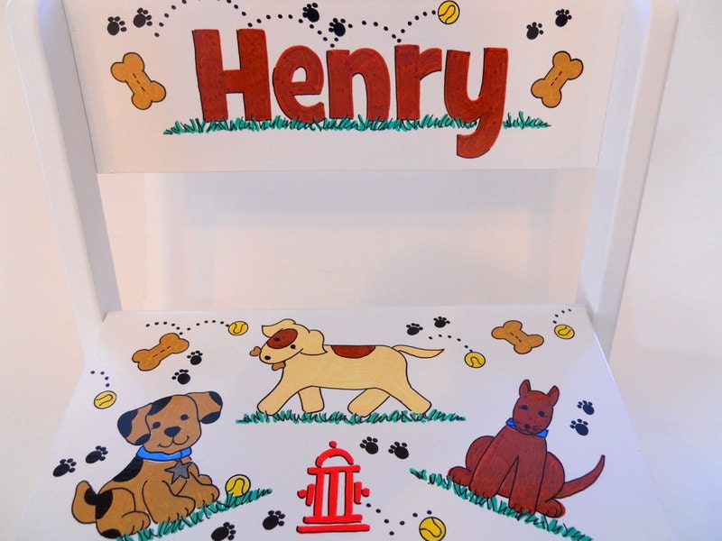 Child's Personalized Stool with Dogs and Fire Hydrant