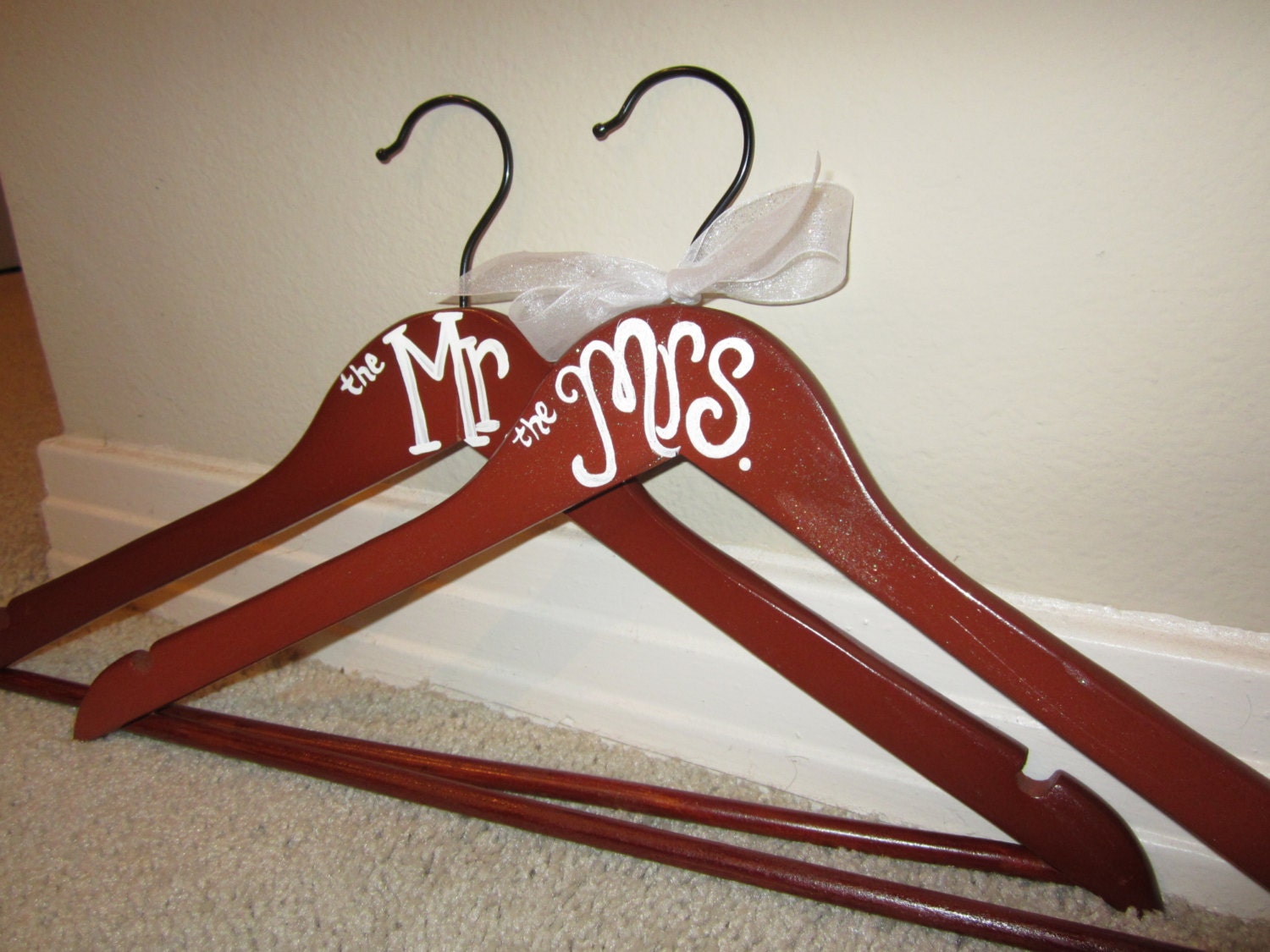 On Sale custom painted set Mr and MRS wood hangers for wedding