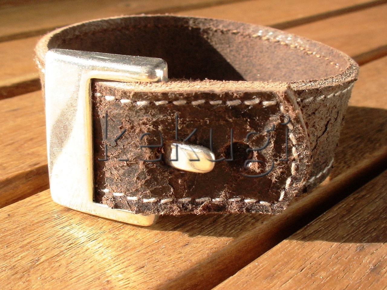Unisex men women distressed brown leather bracelet and sterling silver plated clasp button