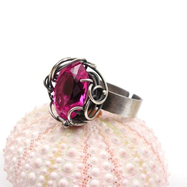 Statement silver ring , wire wrap ring , sterling gemstone ring , fine jewelry , pink adjustable ring , engagement metalwork ring
