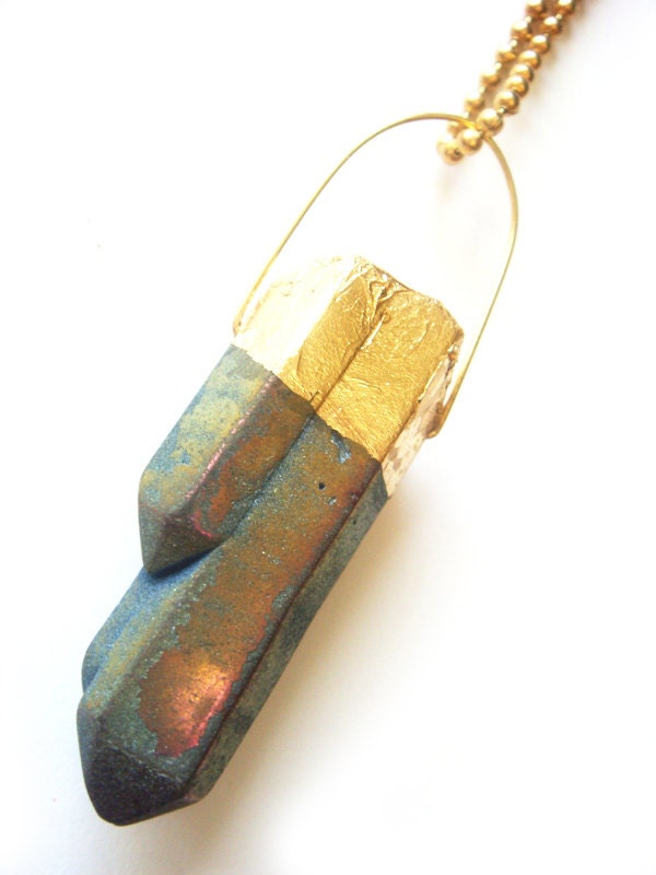 24K Gold Purple Titanium Quartz Crystal Necklace