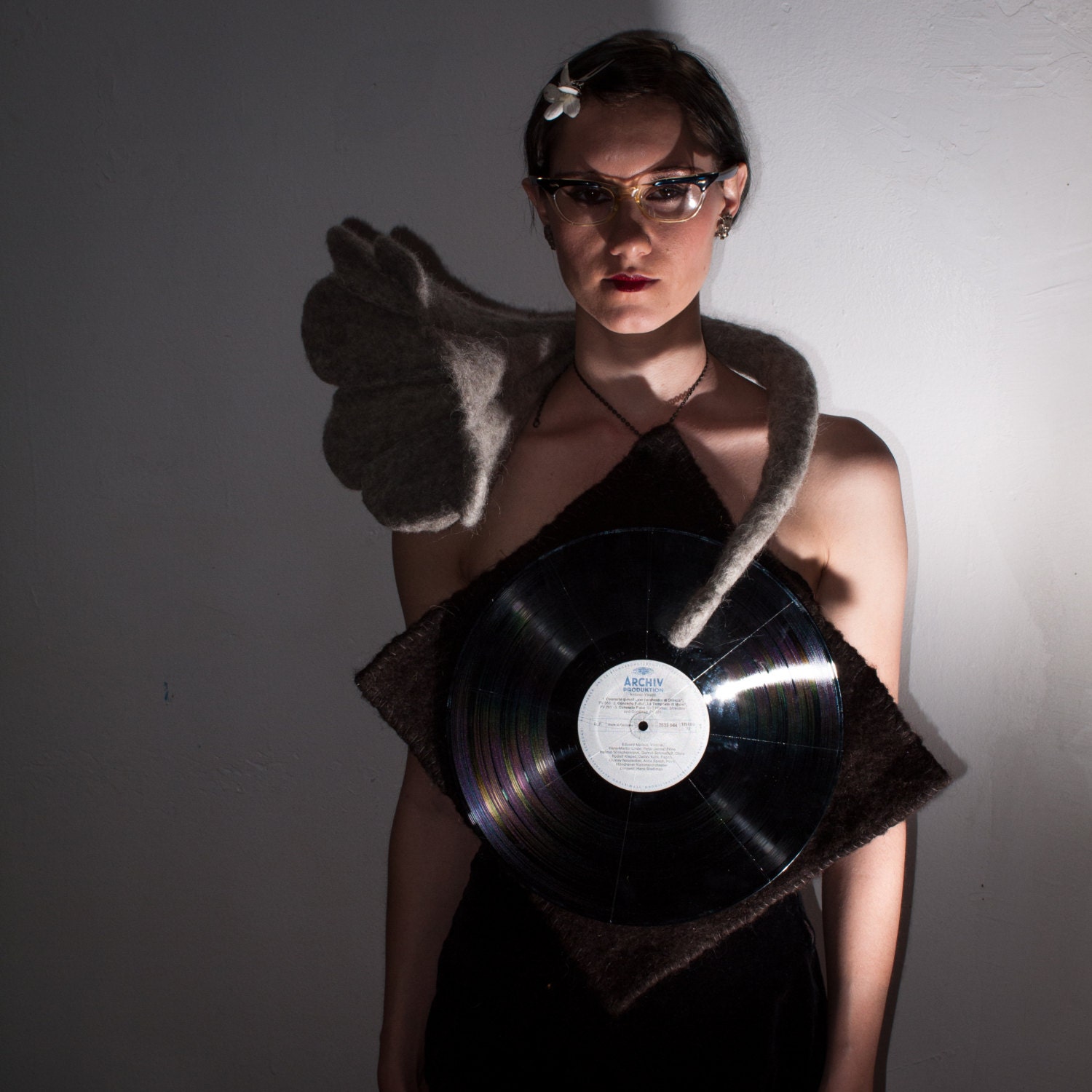 GRAMOPHONE COSTUME -- Needle Felted Wool -- vintage style with real vivaldi record
