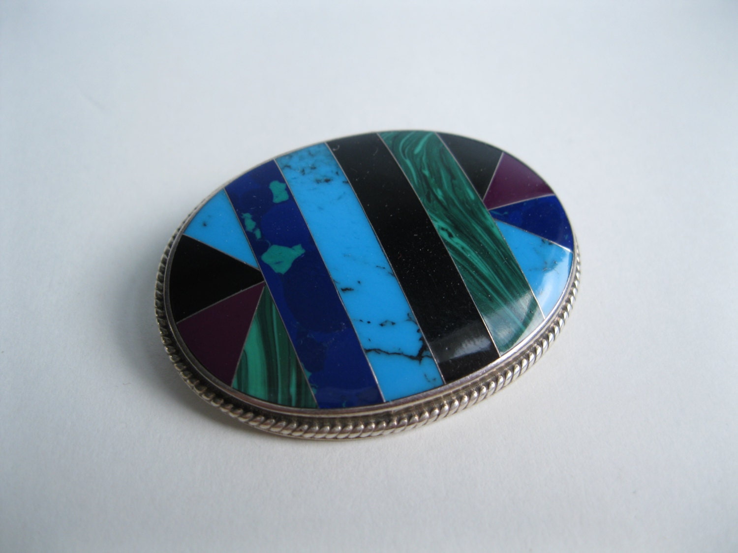 Vintage Sterling SIlver Inlaid Brooch Turquoise Gemstone Mexico 925 Oval