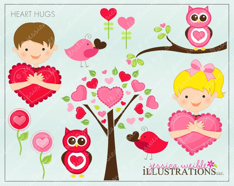 Heart Hugs Cute Digital Clipart for Invitations, Card Design, Scrapbooking, and Web Design, Valentine Clipart Il_570xn