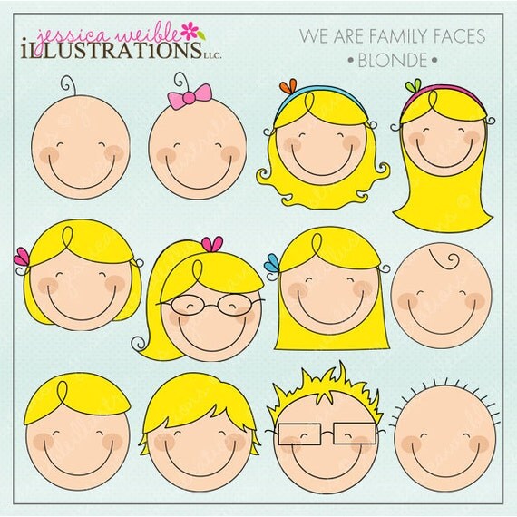 We are Family Faces -Blonde- Cute Digital Clipart for Invitations, Card Design, Scrapbooking, and Web Design, Stick Figure Faces Il_570xn