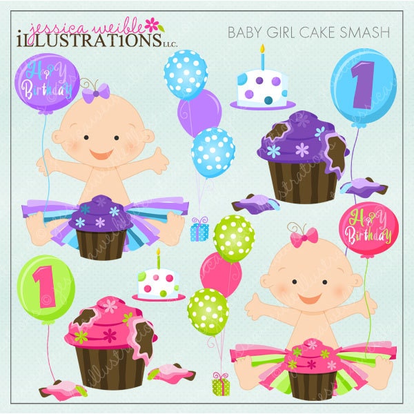 Baby Girl Cake Smash Cute Digital Clipart for Card Design, Scrapbooking, and Web Design, First Birthday