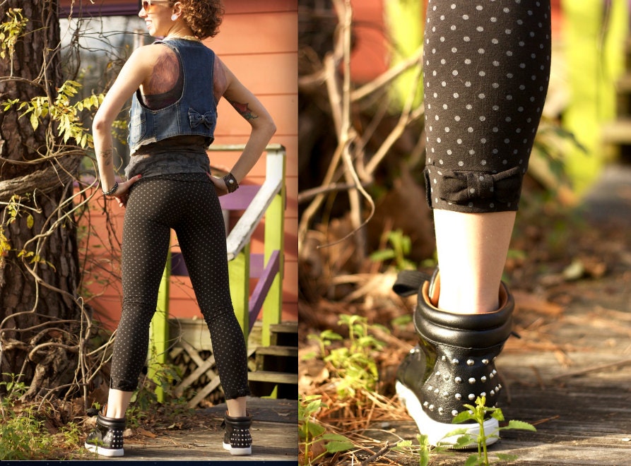 BOws & DoTs retro LEGGINGS -- cotton spandex tights Women -- unique clothing dance hula hoop yoga biking summer festivals