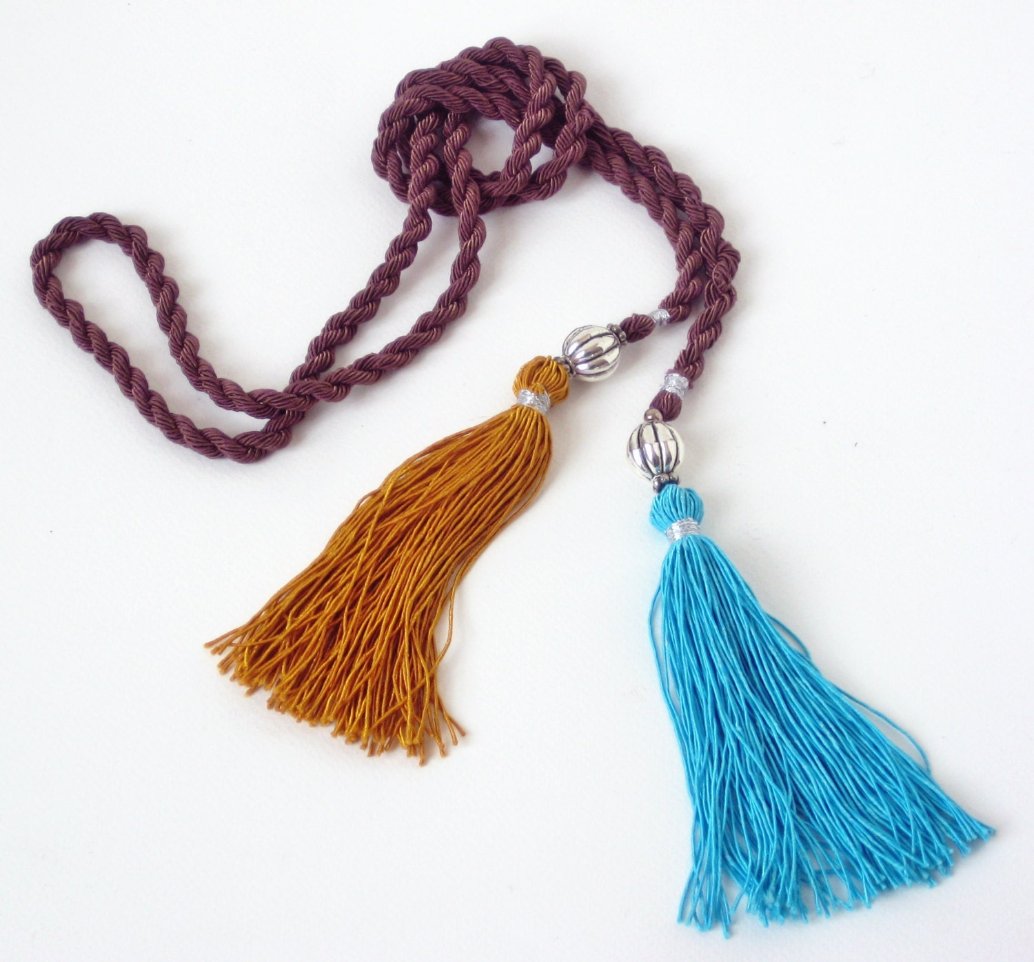 Zijden ketting TWO TO TANGO, chocolade bruin-okergeel-turquoise