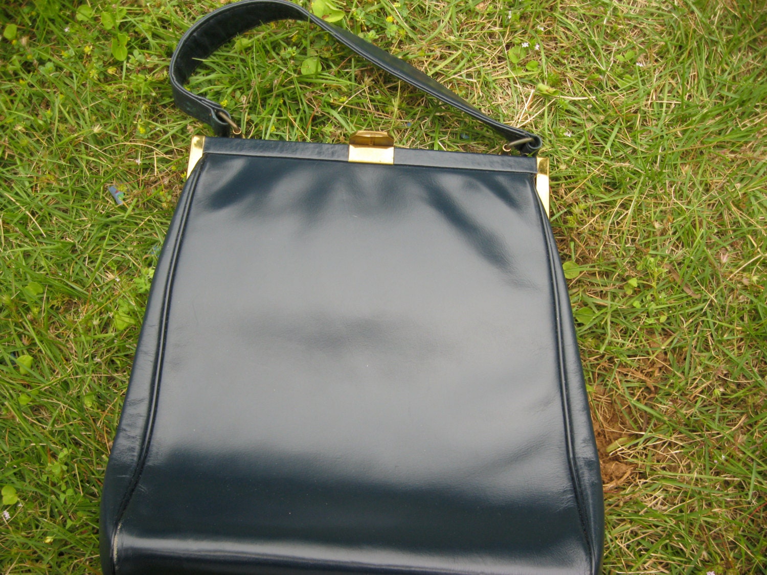 Vintage Purse, Vinyl, Navy Blue, Gold Clasp, Gold Detailing
