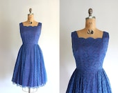 50s dress - vintage 1950s cocktail dress - lace party dress - blue & purple - Small