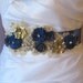 Peacock Blue Bridal Sash, Wedding Belt, Cobalt Blue with Gold Lace and Vintage Flowers - STARRY NIGHT