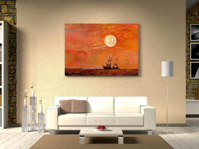 LARGE 24 x 33 CANVAS ART - Fishing Boat at Sunset