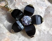 Black Sapphire & White Topaz Flower Pendant - Vintage