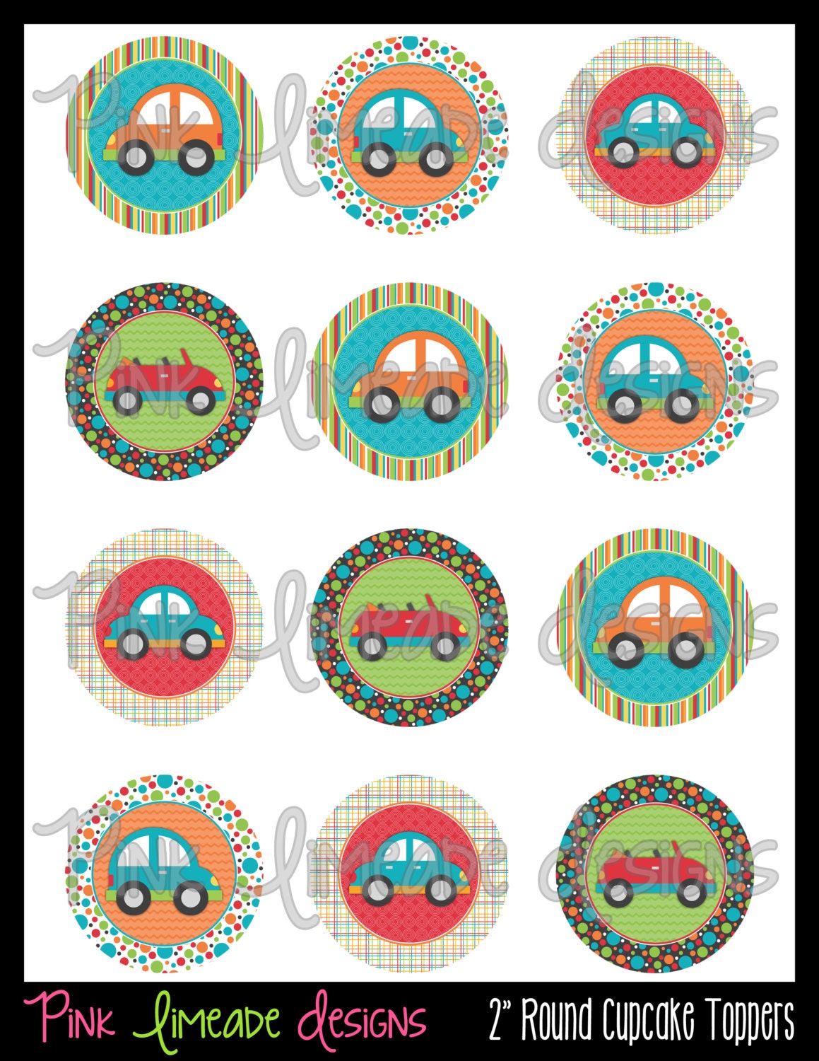 Cute Cars - 2 inch Circles perfect for Cupcake Toppers - Digital Printable DIY Birthday Party Decor - INSTANT DOWNLOAD