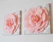 TWO Wall Flowers -Light Pink Roses on Gray and White Tarika Print 12 x12" Canvases Wall Art- Baby Nursery Wall Decor-