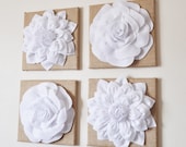Wall Decor -SET OF FOUR White Dahlias and Roses Burlap 12 x12" Canvases Wall Art-