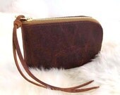 Brown leather wallet, distressed brown leather zipper pouch, iphone wallet