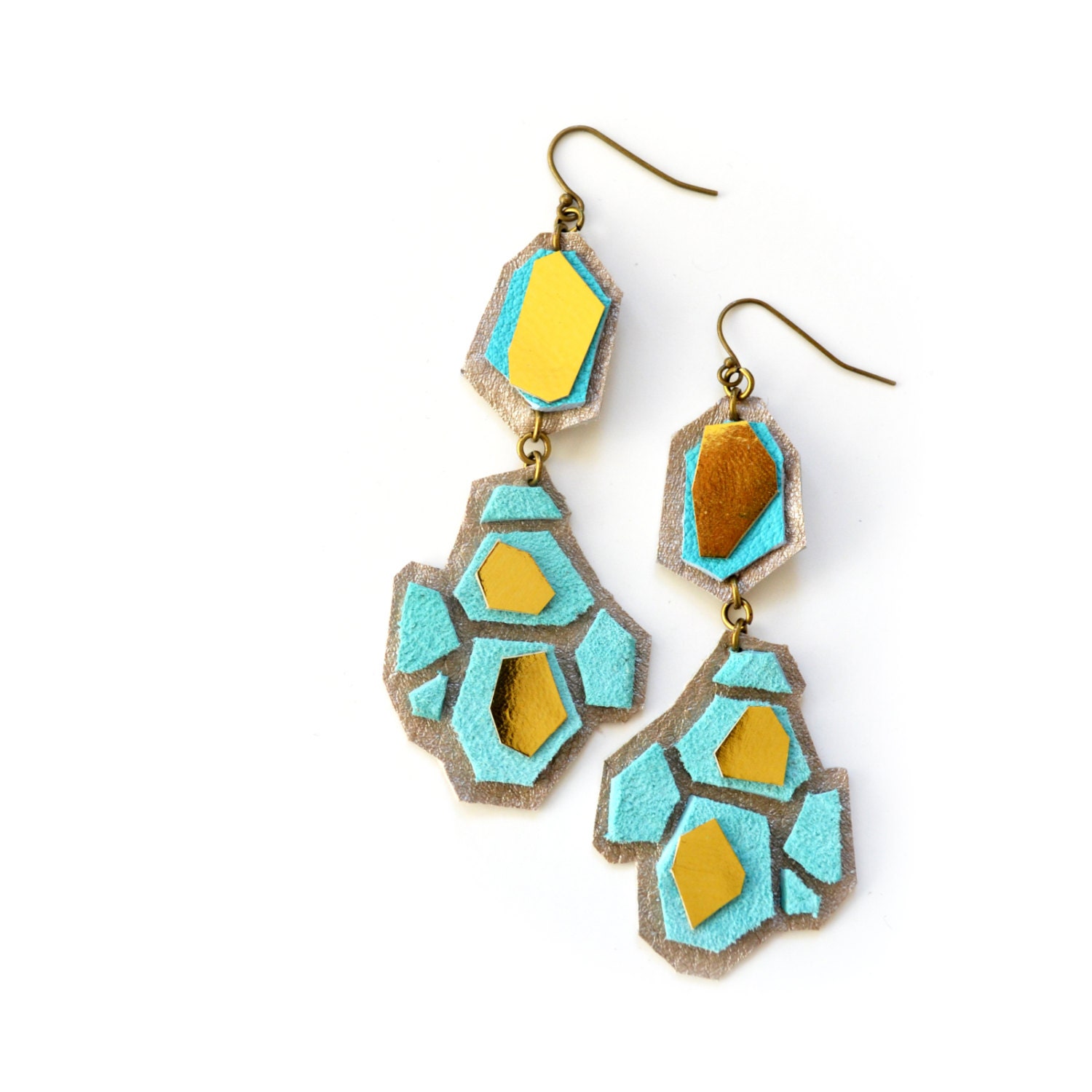 Geometric Leather Earrings Teal Hexagon Faceted Gems Drop Earrings