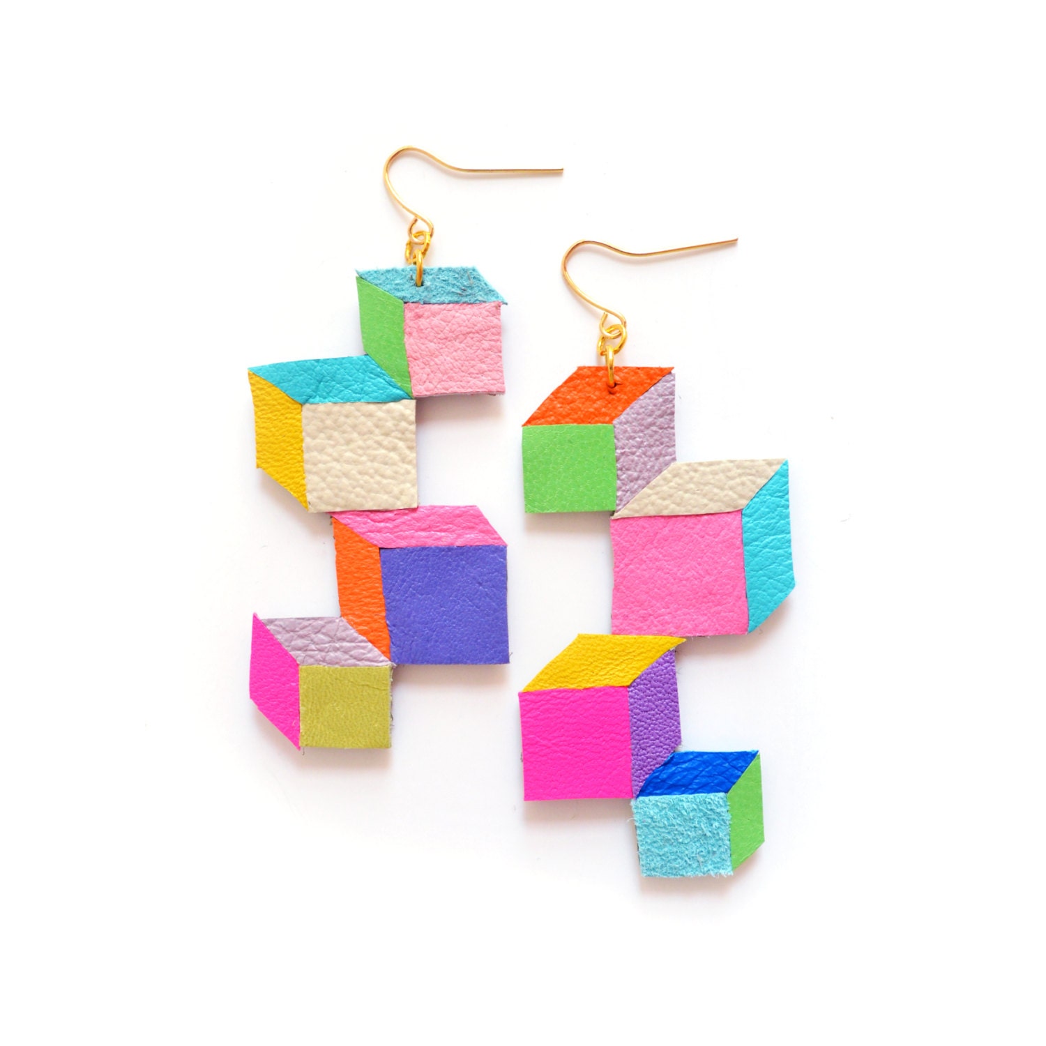 Neon Leather Earrings Color Block Cubes Faceted Geometric Earrings