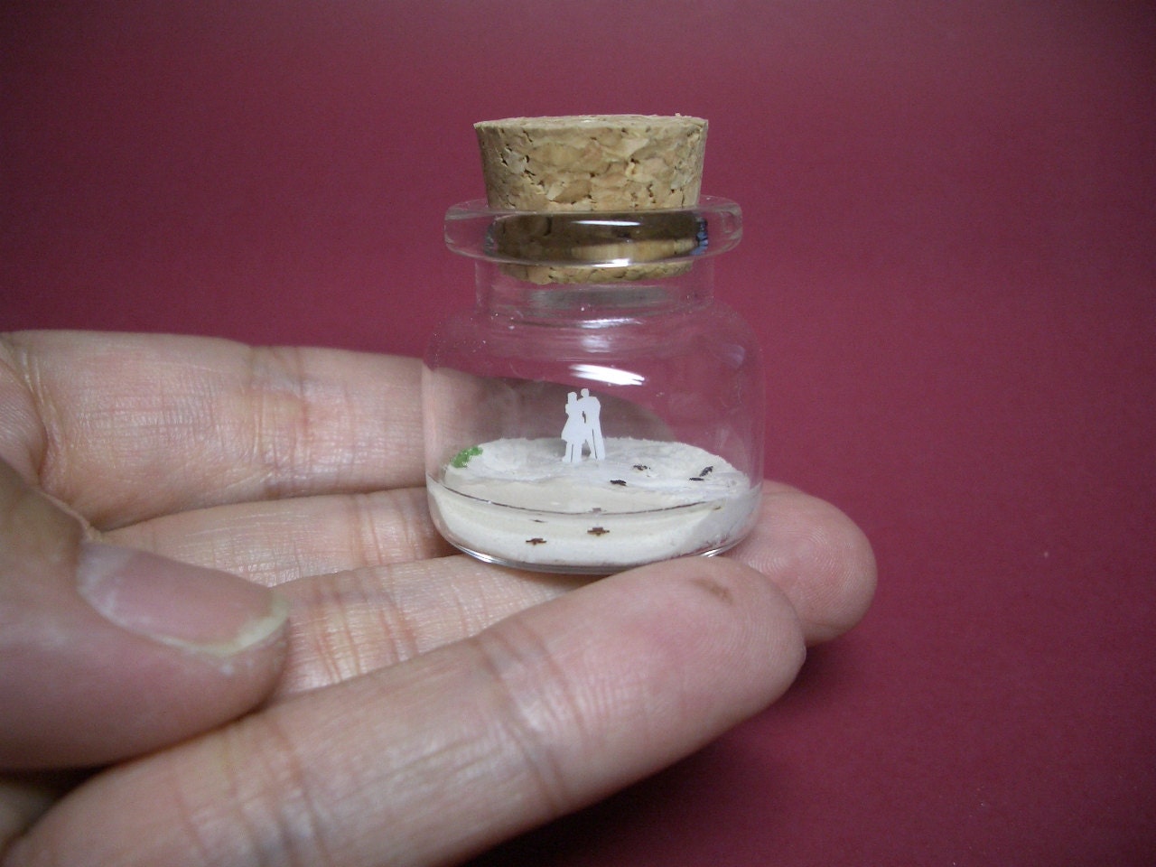 A couple are watching sea turtles are hatched at the island in a tiny bottle