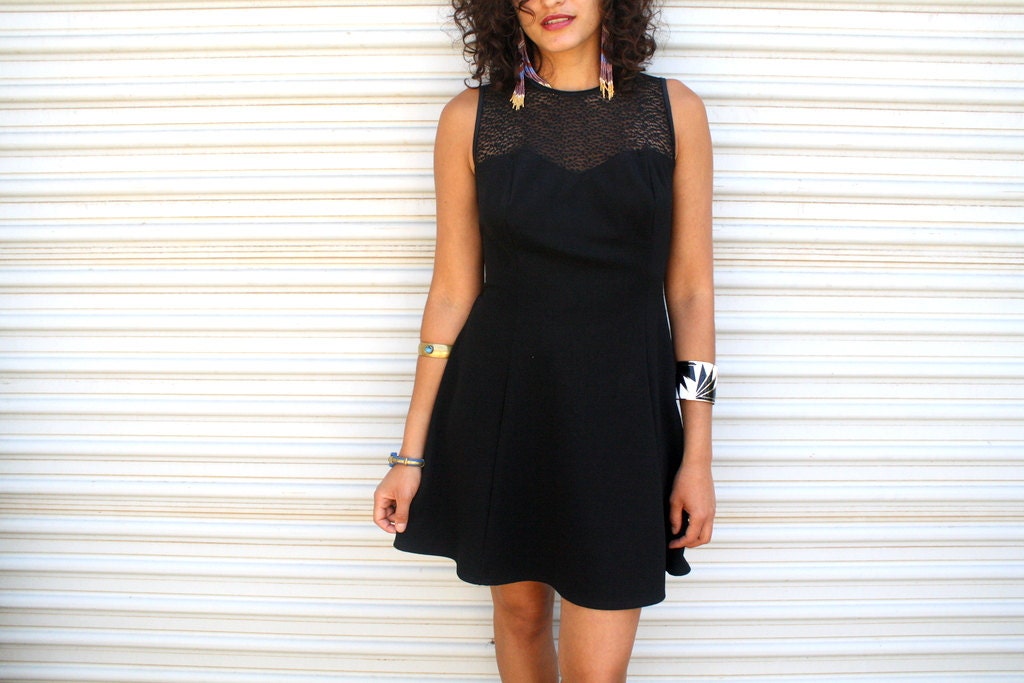 1990s sweetheart dress // little black dress with lace panel