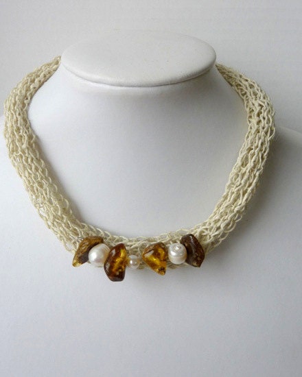 Crochet Linen Necklace With Pearls and Baltic Gold Amber