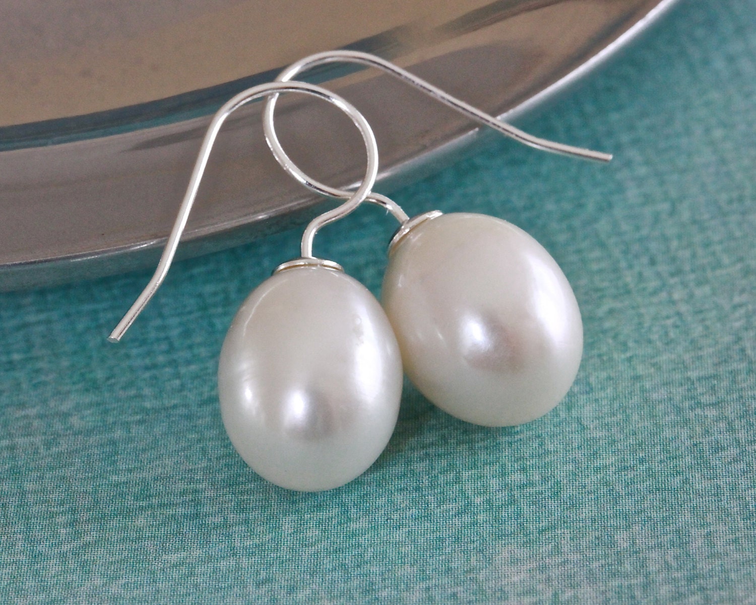 Large White Pearl Earrings with Single Freshwater Pearl, Sterling Silver Earrings - ThePassionatePearl