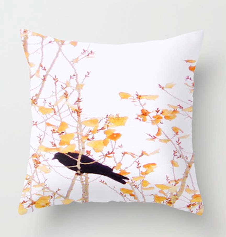 PILLOW case of blackbird Golden Crow Raven  20x20 yellow leaved cottonwood tree - home decoration