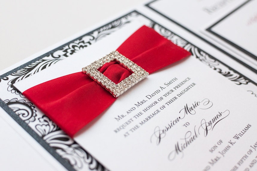 Bling & Satin Wedding Invitation in Luxe Poppy Red, Black and White