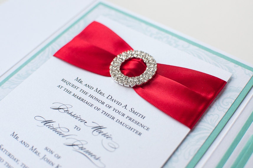Bling & Satin Wedding Invitation in Luxe Poppy Red and Aqua
