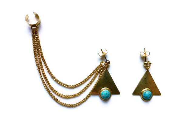 ear cuff with triangle earrings, chains ear cuff, turquoise earrings, geometric earrings, ear cuff with chains