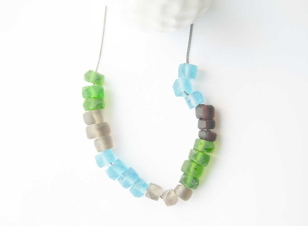 Long Necklace -  Color Block Jewelry, Colorblock, Recycled Glass, Green, Blue, Brown, Taupe