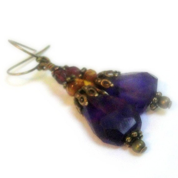 Purple Earrings Victorian Brass Antique Amethyst Gemstone Nugget Earrings Violet Grape Purple Drop Earrings