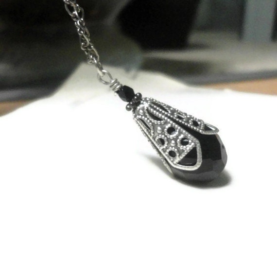 Black Necklace Czech Black Crystal Necklace Black Onyx Pendant Necklace Antique Silver Filigree Black Drop