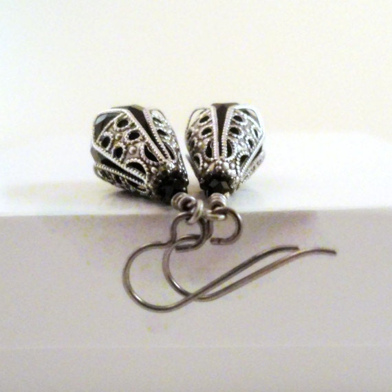Black Earrings Silver Earrings Czech Jet Black Crystal Earrings Midnight Black Drop Earrings Silver Filigree