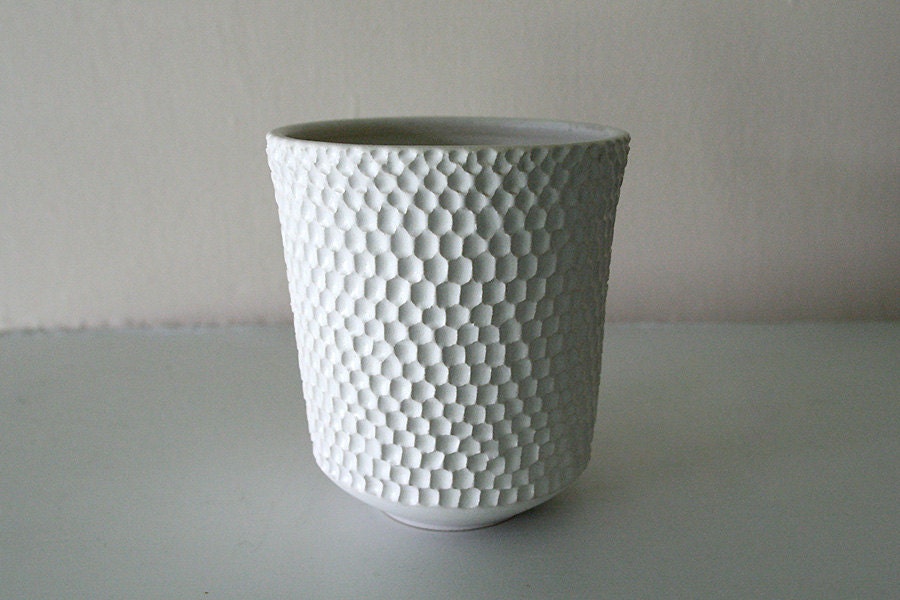 Matte White Stoneware Vessel Carved with Intricate Texture / Hand Thrown and Carved Art Piece / "TIKI"