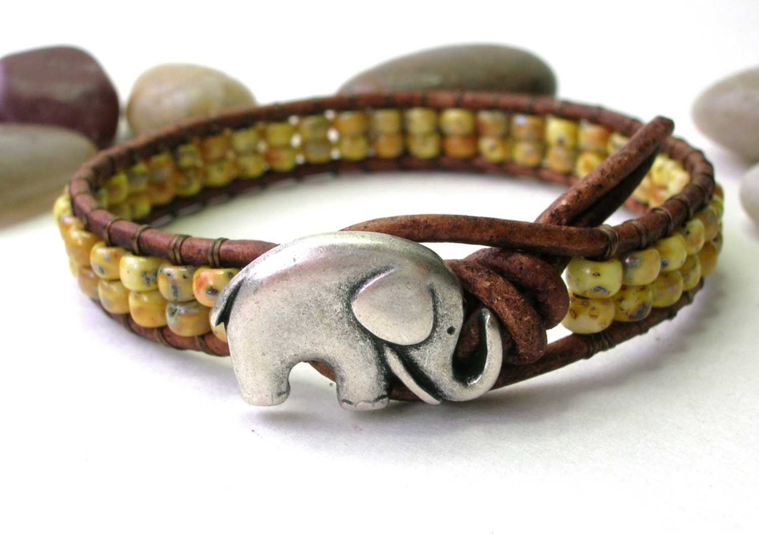 Lucky Girl elephant bracelet, Boho leather wrap bracelet, rustic mustard yellow, stackable bracelet, good luck charm, southwestern country