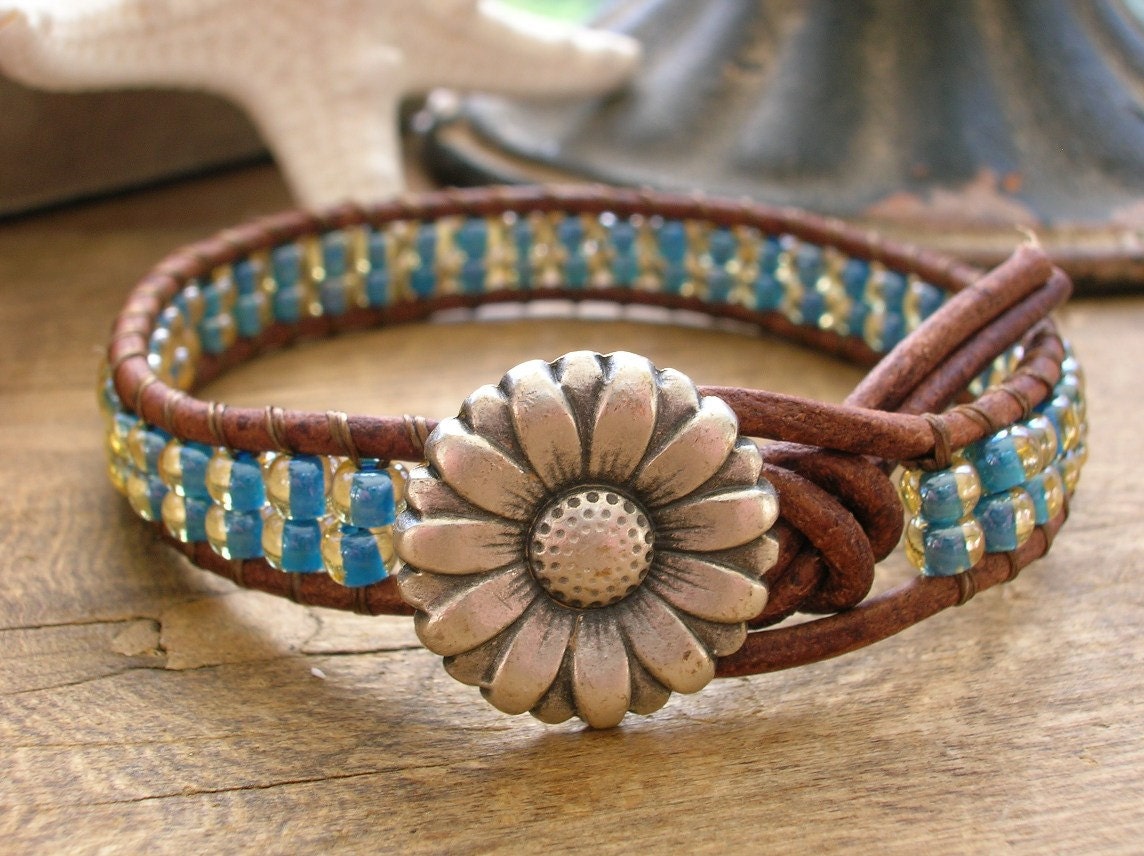 Boho leather wrap bracelet - Sunny Daze - country chic stack bracelet, aqua blue, topaz, silver daisy flower, bohemian jewelry