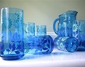 Vintage Blue Glass Pitcher and Tumblers Set