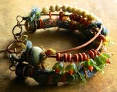 Upcycled Blue Jean Bracelet Denim Orange Leather Silk Fiber Wood Recycled Glass