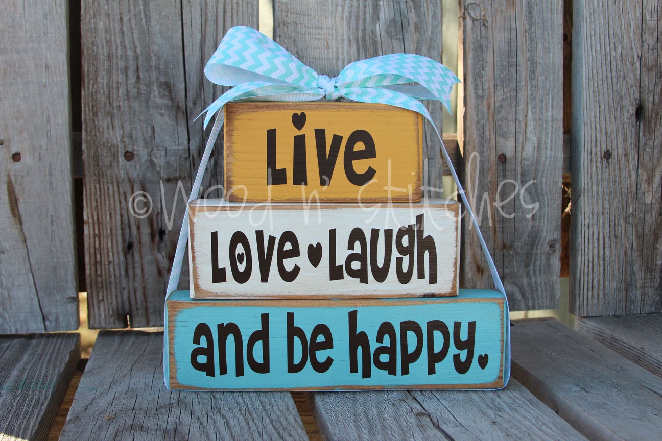 Live Laugh Love and Be Happy  Wood Block Set Mini Stacker Family Inspirational  home  love custom wood blocks primitive country gift