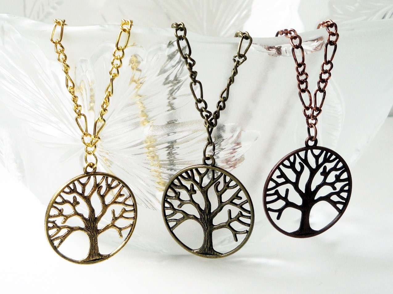 Tree Of Life Necklace Gold  Brass Copper Round With Matching Chain Plated Necklace