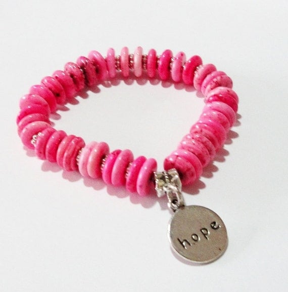 Ribbon Breast Cancer Awareness Pink Silver Charm Elastic Bracelet, Pink Turquoise Stone Stamped Hope Charm