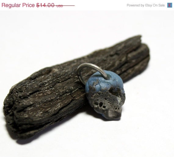 SALE Seaglass Jewelry Supplies- Drilled Blue Slag Glass Focal Bead- Slide On Necklace Pendant- "Rustic" by Allybeans