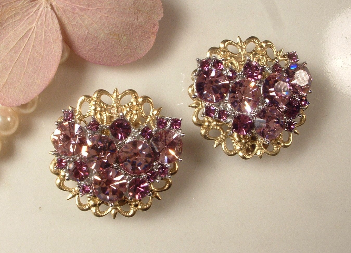 SHOE Jewels - Vintage Amethyst Rhinestone Cluster Gold Bridal Shoe Clips, Heirloom Reclaimed Earrings OOAK