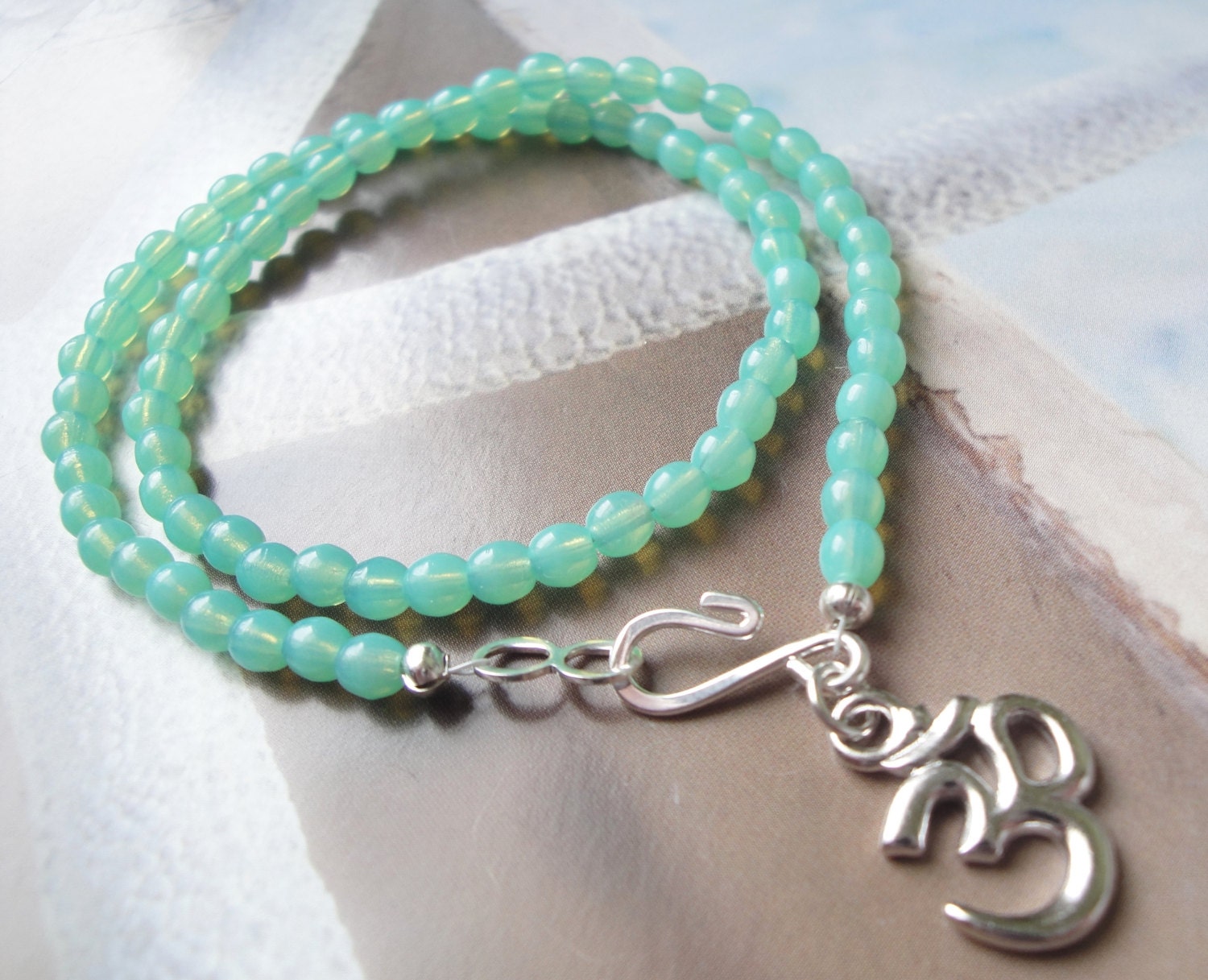 Sea Foam Green Yoga Om Zen Charm Double Wrap Bracelet