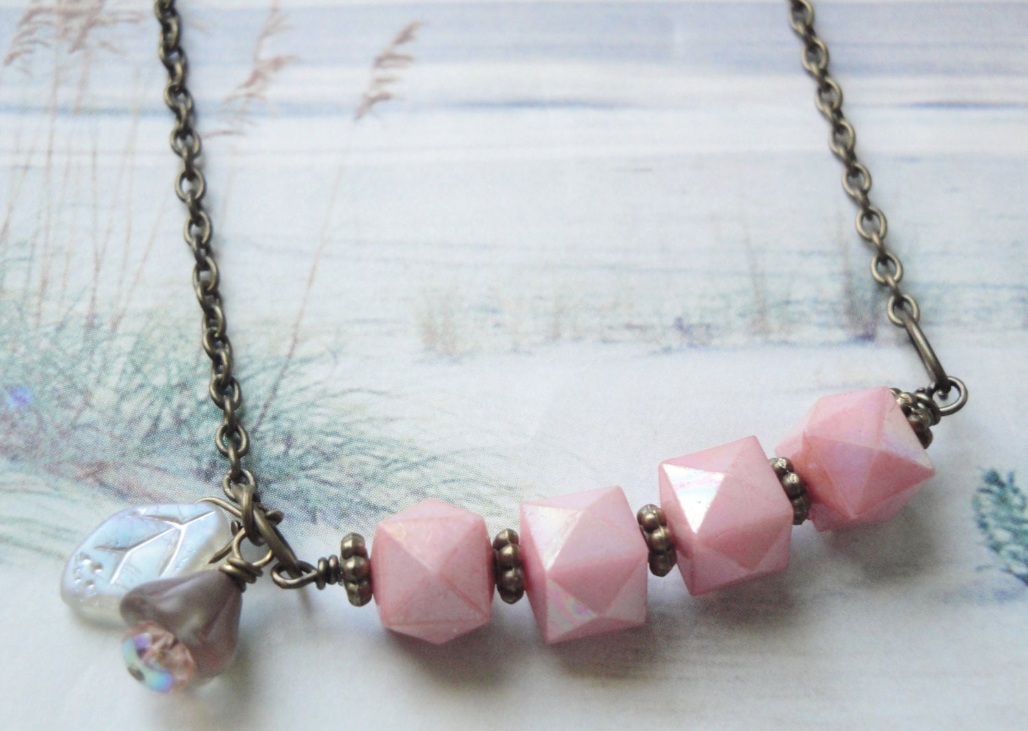 Sweet Blush Squares With Petite Glass Flower And Leaf Spring Necklace