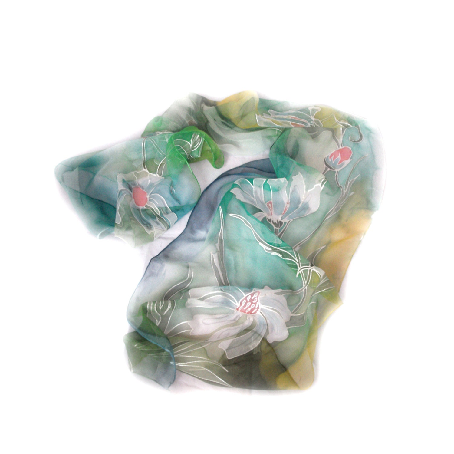 Hand Painted Silk Chiffon Long Scarf, Beautiful Daisies, Daisy Flowers, Aquamarine Blue, Yellow, Mint Green  Bacground